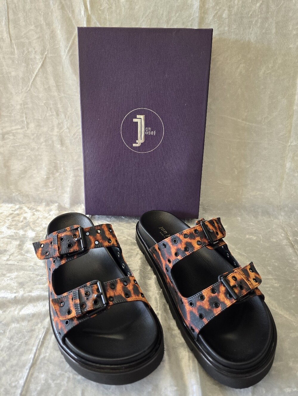 Jon Josef leopard-print double-buckle slide sandals, Womens